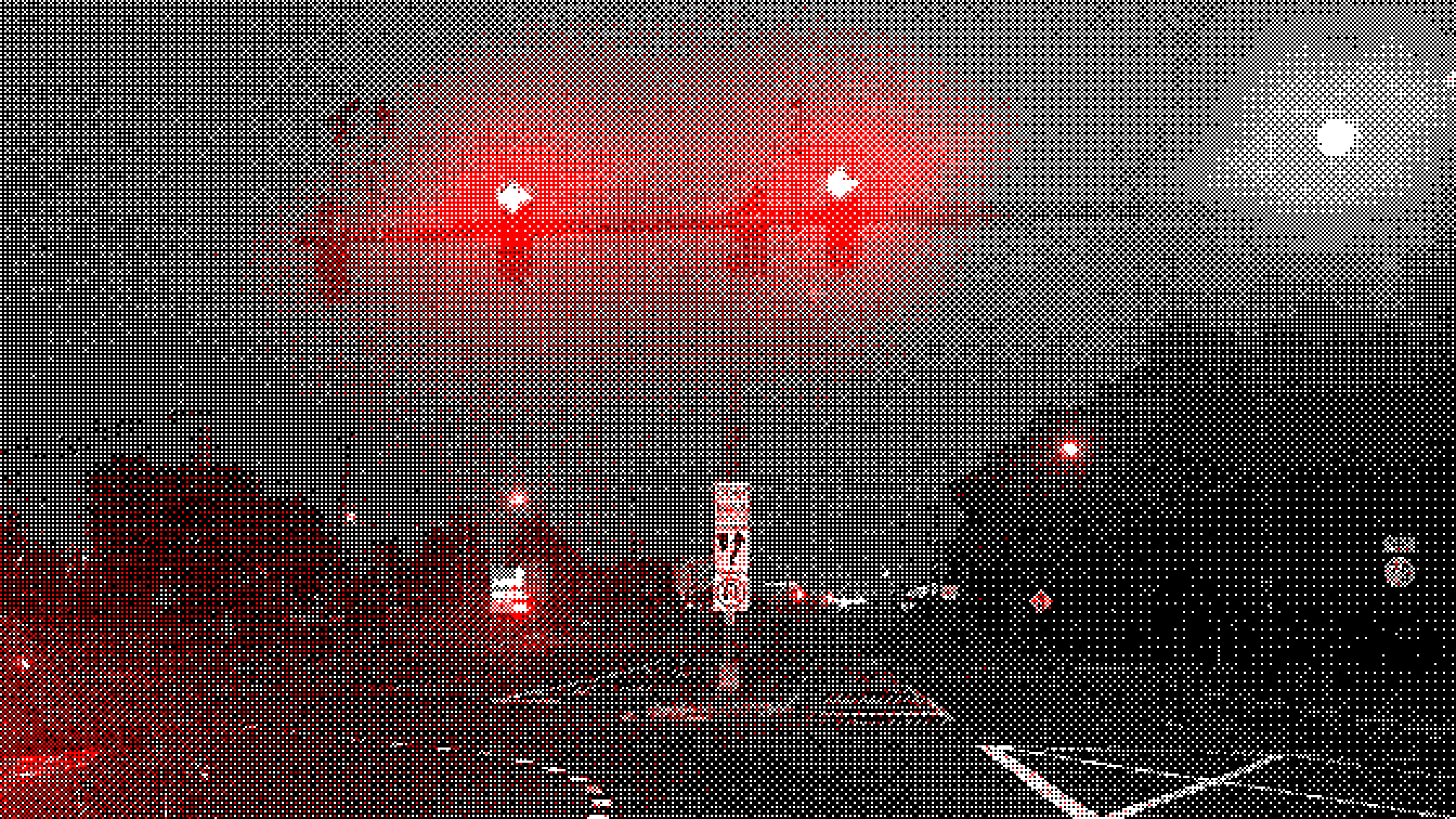 An atmospheric pixelated view of an intersection with a red light.